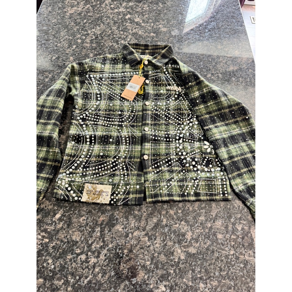 Watson Luxe Spiderweb Crystal Flannel Shirt Green Black Plaid WTSN020-FLNL-04 S